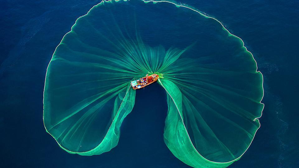 Una red de pesca enorme se asemeja a una medusa gigante arrojada al mar -  CGTN en Español
